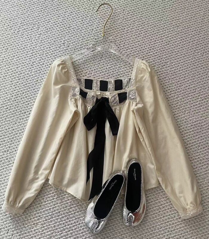 Women Shirt Square Collar Hollow Stitching Bow Tie Silk Blend Long Sleeve Blouse