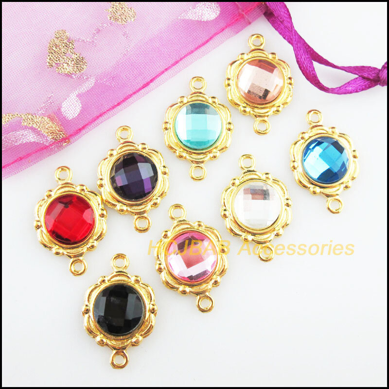 16Pcs Gold Color Flower Retro Round Mixed Crystal Charms Connectors 15x23mm