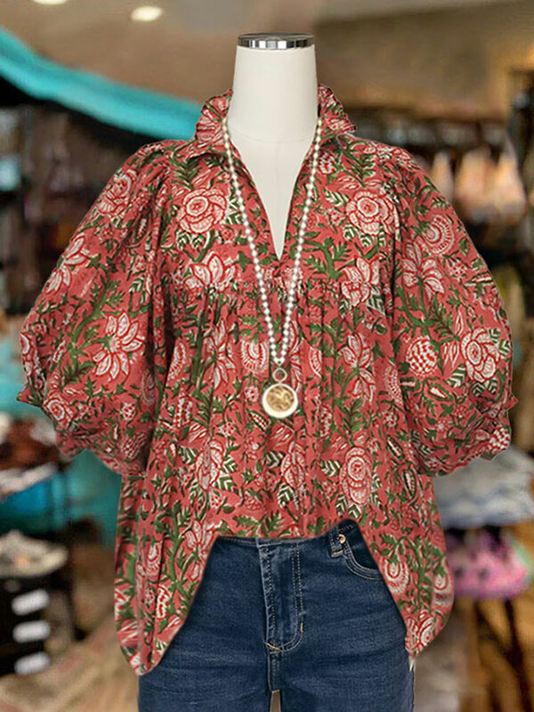 Bluzki z bufiastymi rękawami w stylu vintage z kwiatowym nadrukiem i dekoltem w szpic