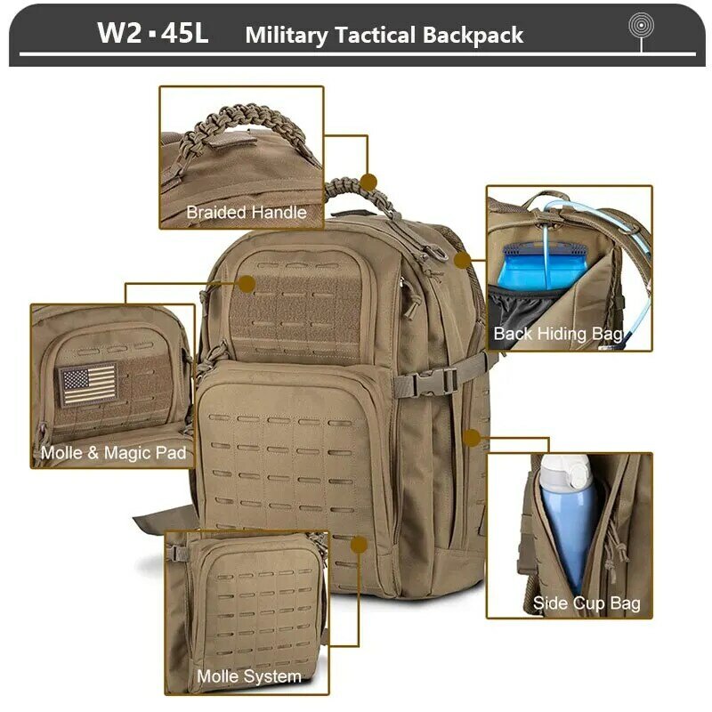 Wojskowy plecak taktyczny 3-dniowy plecak szturmowy wojskowa torba Molle 38/45L duży odkryty wodoodporny plecak turystyczny Camping Travel 600D