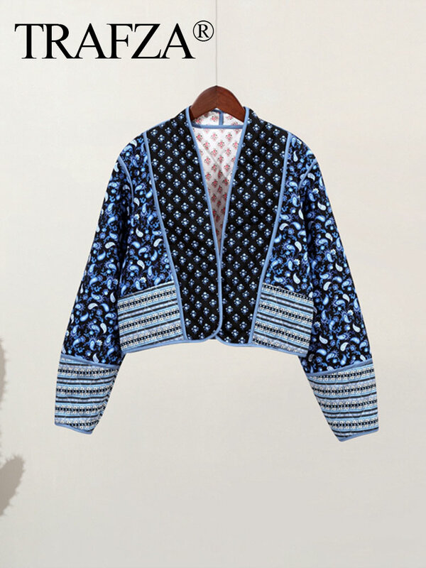 TRAFZA 여성용 플라워 프린트 퀼트 코트, 가역 긴팔, 오픈 프론트, 투인원 재킷, 가을 빈티지 스트리트웨어