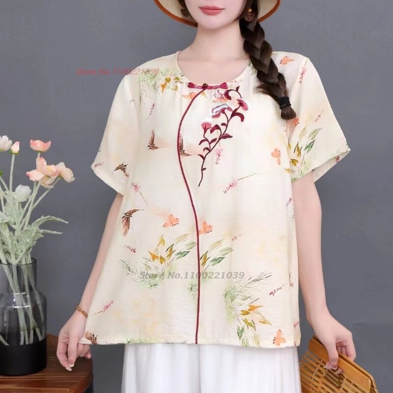 Blusa China vintage con estampado nacional de flores, tops retro hanfu, blusa suelta étnica con cuello redondo, ropa de calle tradicional, 2024