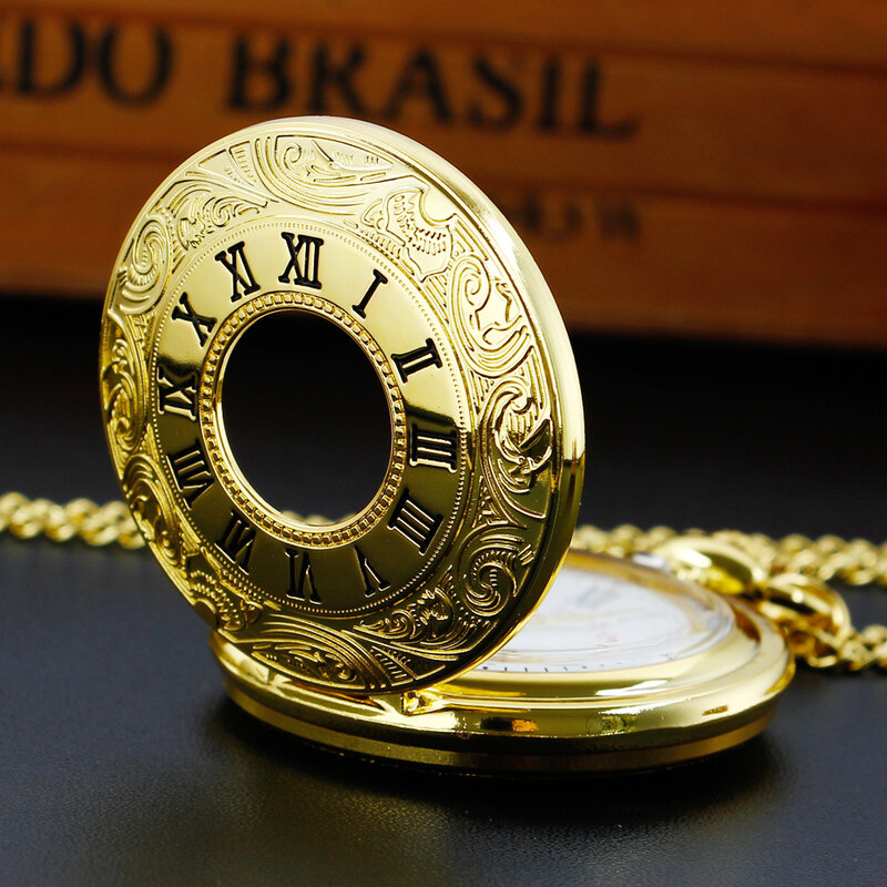Acrylic Mirror Luxury Gold Pocket Watches Collection Roman Numerals Case Pendant Quartz Pockets Watch Gift reloj hombre