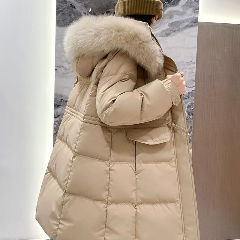 Mantel panjang bertudung untuk wanita, mantel Parkas musim dingin jaket Down versi panjang sedang ramping hangat tebal kerah bulu 2023