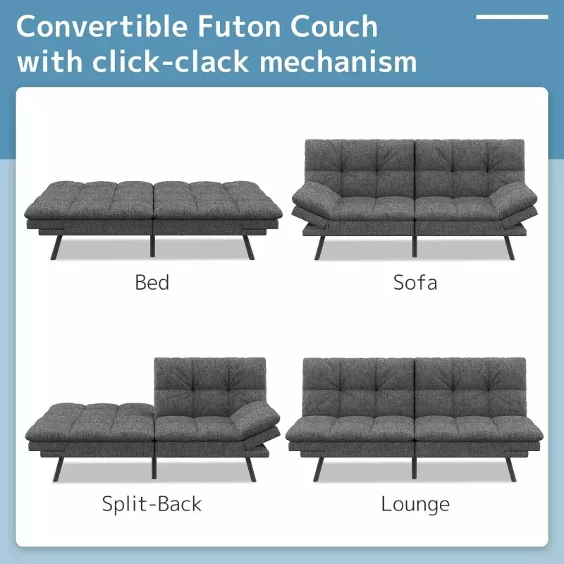 سرير أريكة Futon قابل للطي ، سرير نهاري للنوم lovesat قابل للتحويل ، مساند ذراع قابلة للتعديل للمساحات الصغيرة ، استوديو ، رغوة الذاكرة