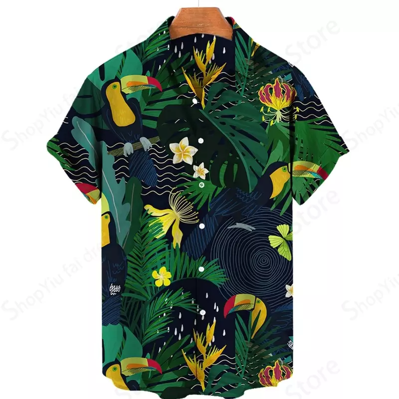 เสื้อฮาวายพิมพ์ลาย3D เสือดาวทูกันนกแฟชั่นสำหรับผู้หญิงสำหรับผู้ชายเสื้อชายหาดคอสองชั้นเสื้อสำหรับผู้ชาย