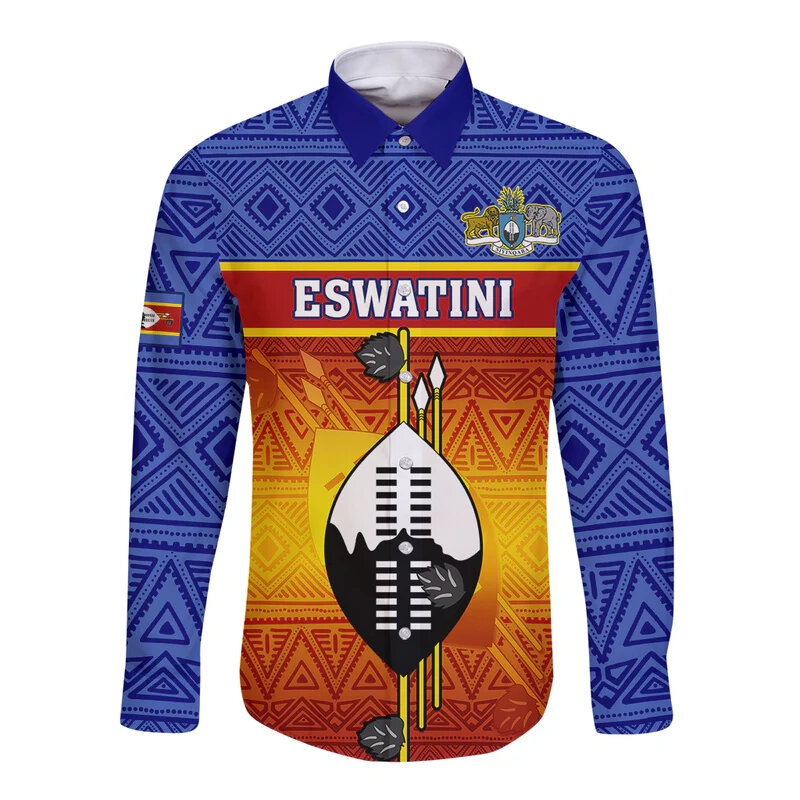 Africa Eswatini Map Flag Graphic Long Sleeve Shirts For Men Clothes Patriotic Swaziland Blouses Male Lapel Blouse Tops