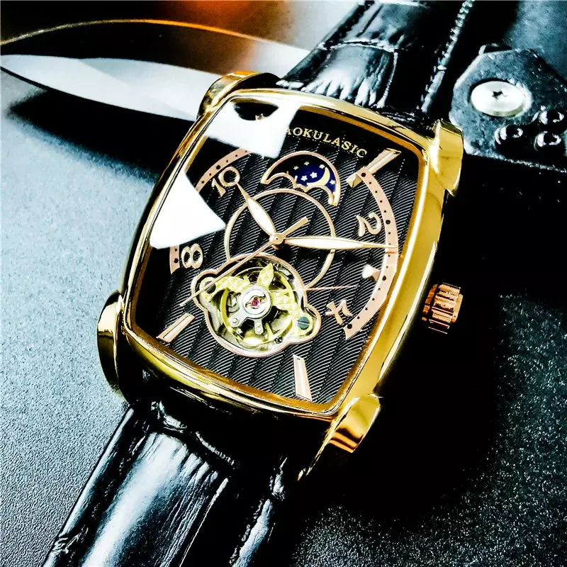 AOKULASIC Top Brand Automatic Watch Men Mechanical Mens Tourbillon Watches Fashion Waterproof Luxury Moon Tonneau relojes hombre