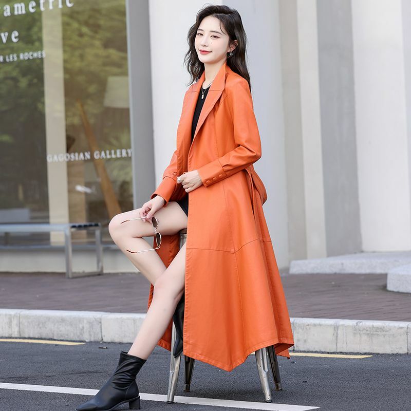 Gabardina de cuero de gran tamaño, abrigo de longitud media, estilo coreano, ajustado, exterior, 2024