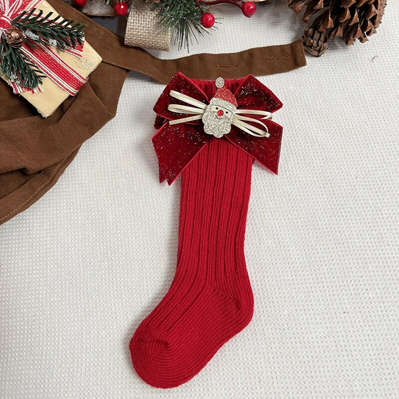 2023 рождественские носки для маленьких девочек, детские однотонные хлопковые длинные носки с блестящими большими бабочками для детей ясельного возраста, мягкие детские носки