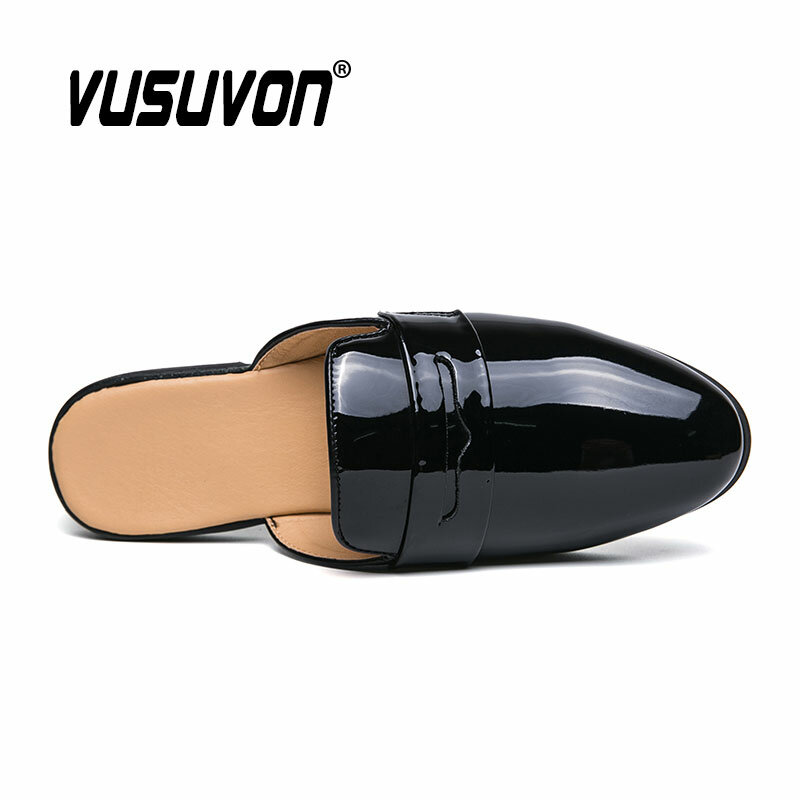 Italian Design Men Slippers Patent Leather Loafers Moccasins Outdoor Non-slip Black Casual Slides Summer Spring Fashion Shoes