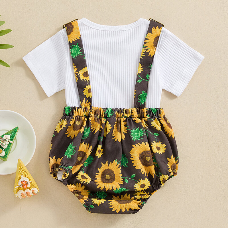 2024-04-03 Lioraitiin Baby Girl 2 Piece Summer Set, Short Sleeve Ribbed Tops Sunflower Print Adjustable Overalls Toddler Outfits