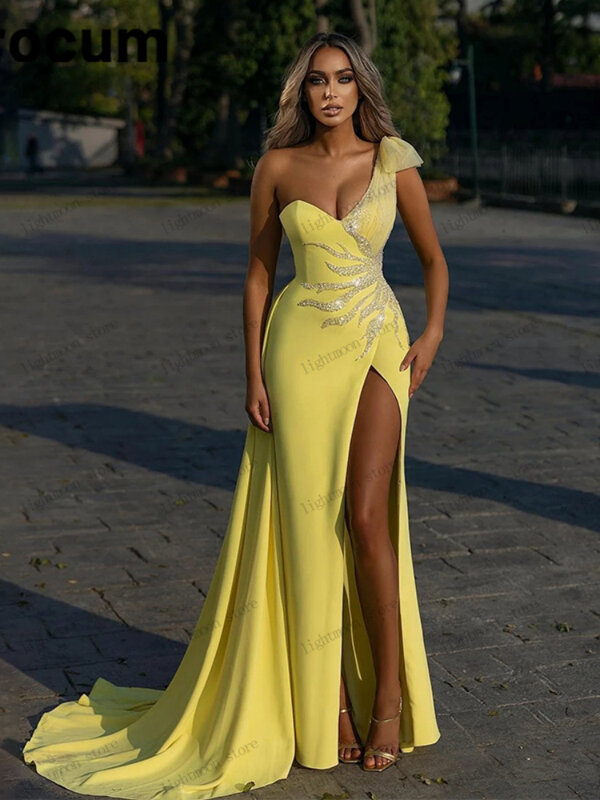 Charming Evening Dresses Satin Prom Dress Sexy High Slit Robes One Shoulder Sleeveless Sweep Train Gowns Vestidos De Noche 2024
