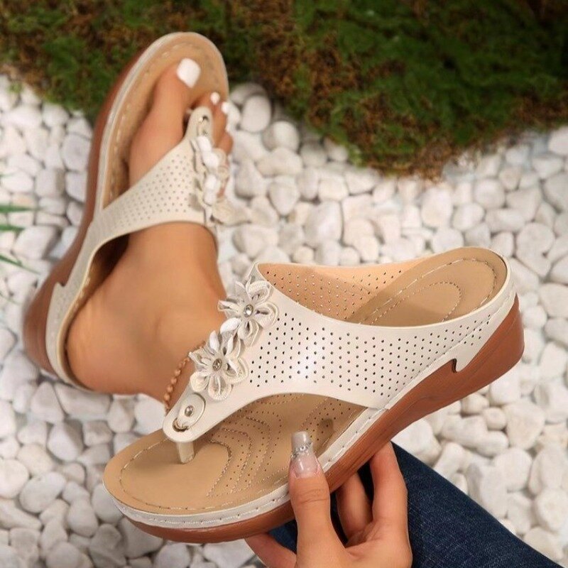 Sandalias con cuña de flores para mujer, zapatillas de espiga, zapatos de verano, 2024