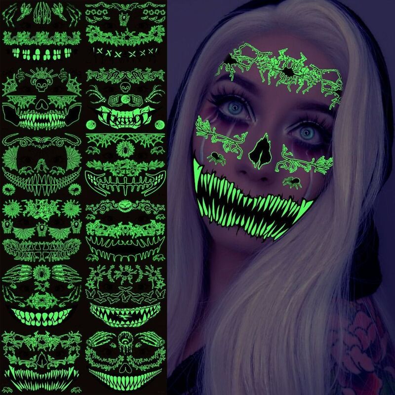 Stiker tato bercahaya Halloween, stiker wajah gadis, stiker tato dua warna, Festival hantu, stiker tato wajah