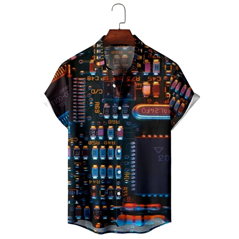 남성용 전자 칩 3D 프린트 셔츠, 미니멀리스트 레트로 셔츠, 엔지니어 단추 맞춤형, 여름 캐주얼
