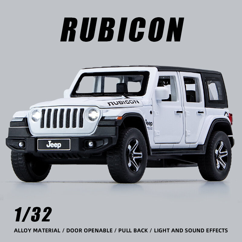 Rubicon, modelo de carro de liga, metal fundido, veículo off-road, alta simulação, luz sonora, presente de elite para criança, 1:32