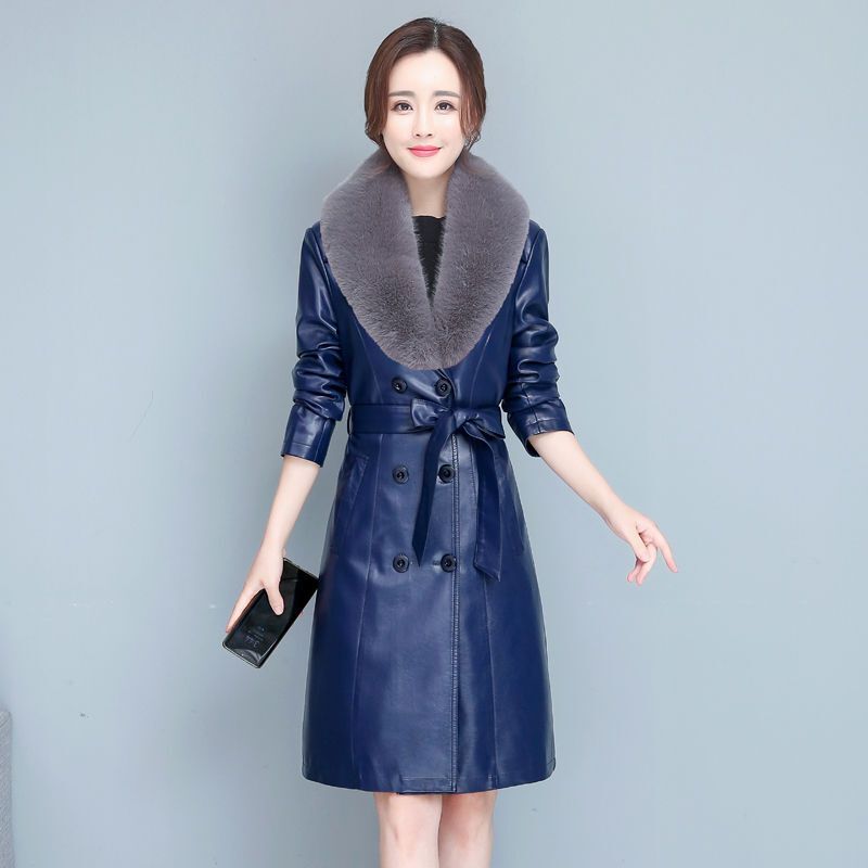 Женское кожаное пальто средней длины, облегающее пальто большого размера с отложным воротником, теплая верхняя одежда для отдыха, Осень-зима 2023