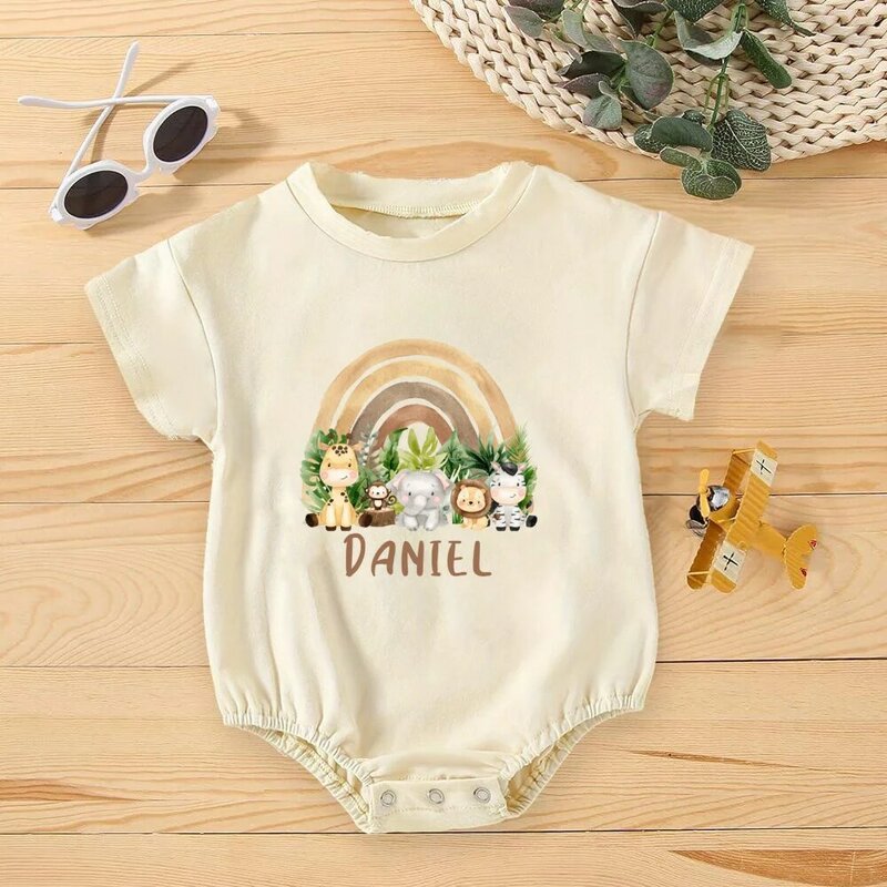 Personalised Rainbow with Name Bubble Romper Infant Jungle Birthday Party Clothes Baby Oversized Bodysuit Cute Wild One Jumpsuit