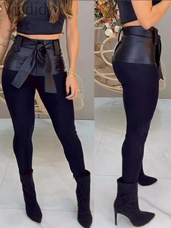 Women Sexy Solid Color PU Faux Leather Patchwork Skinny Pants With Belt