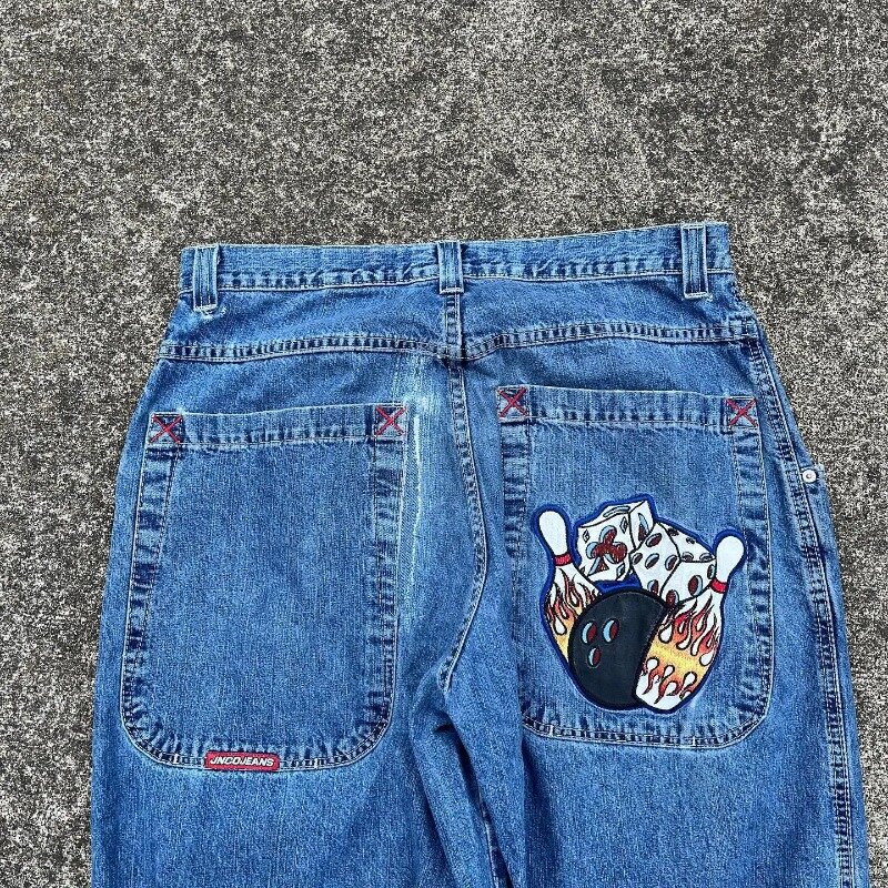 Jeans retrô americano para homens e mulheres, calça Y2K estampada com padrão Hip Hop, calça solta azul Harajuku, calça gótica de cintura alta