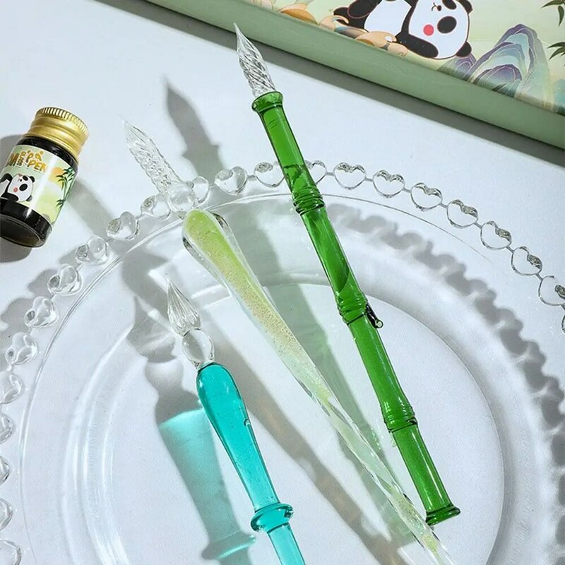 Китай-шикарная стеклянная ручка в виде панды, ручка для подписи в виде мерцающего кристалла, прозрачная ручка для каллиграфии с блестками