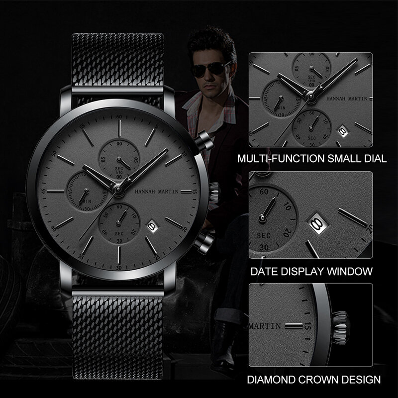 Часы наручные мужские с маленьким циферблатом, брендовые модные многофункциональные деловые водонепроницаемые из нержавеющей стали с сетчатым браслетом
