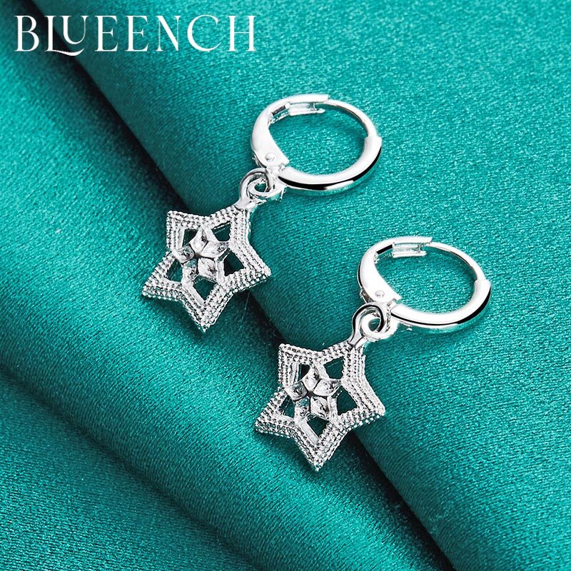 Blueench 925 Sterling Silver Pentagram ต่างหูจี้ Openwork สำหรับผู้หญิงงานแต่งงานวันเกิดแฟชั่นเครื่องประดับ