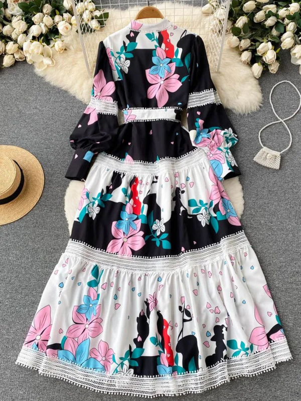 2023 Holiday Long Lantern Sleeve Maxi Dress Women Clothing Patchwork Flower Print Lace Trims Sashes Buttons Down Party Vestidos