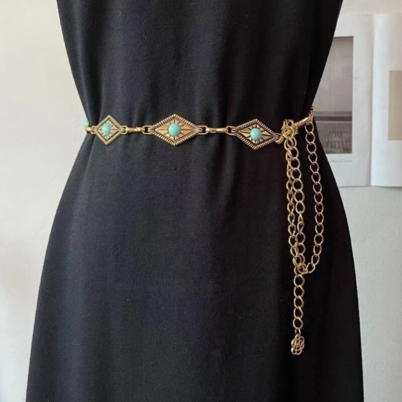 Elegant Ladies Alloy Waist Belt Delicate Relief Turquoise Buckle Belt Summer Dress Women Summer Seaside Waist Belt