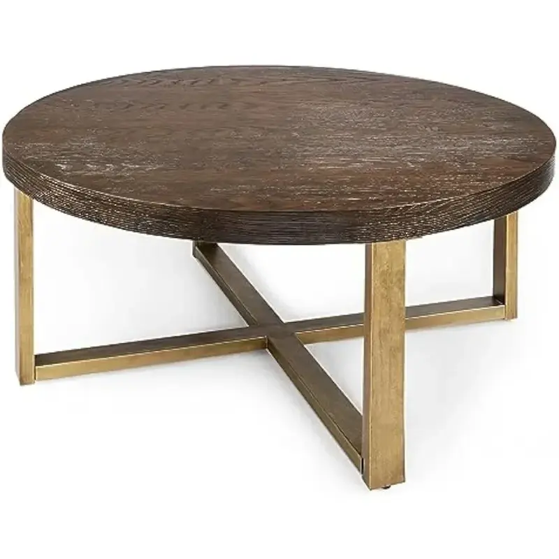Meja kopi bulat, bagian atas kayu dan kaki lukisan emas, Meja tengah 36 "D X 16" H
