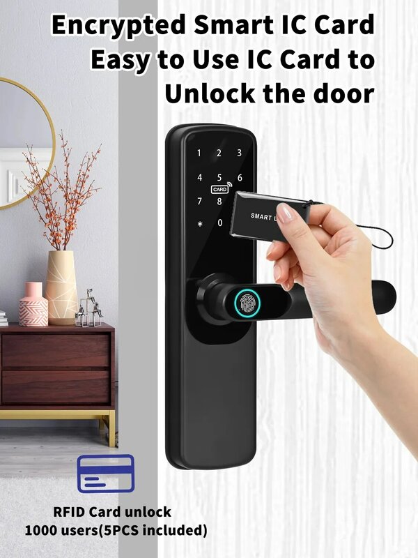 Tuya kunci pintu pintar elektronik Wifi, dengan sidik jari biometrik/kartu pintar/kata sandi/kunci/pengisian daya darurat USB