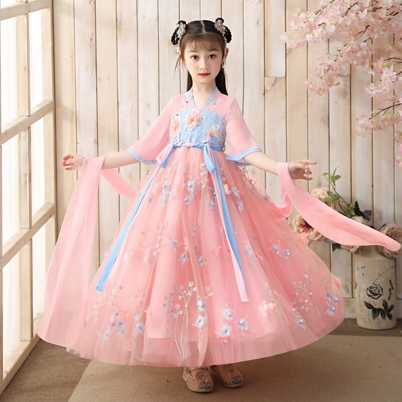Autumn Girls Fairy Fluffy Embroidery Dresses Kids Chinese Style Traditional Hanfu Party Evening Performance Princess Hanfu 