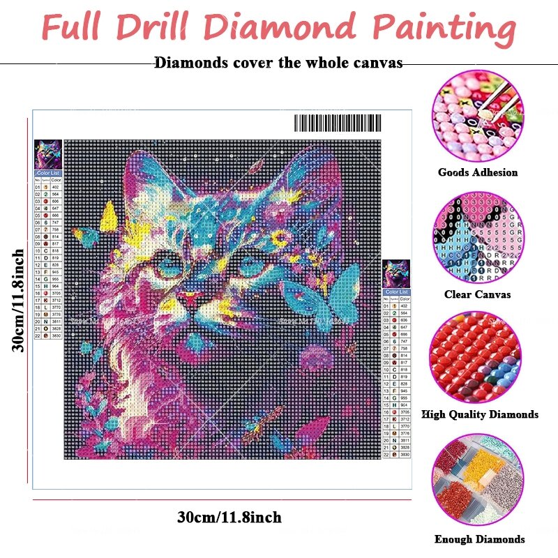 Simpatico gatto fantastico con pittura diamante 5D con disegni a farfalla ricamo a mosaico con strass completo per regalo di decorazione della parete della stanza dei bambini