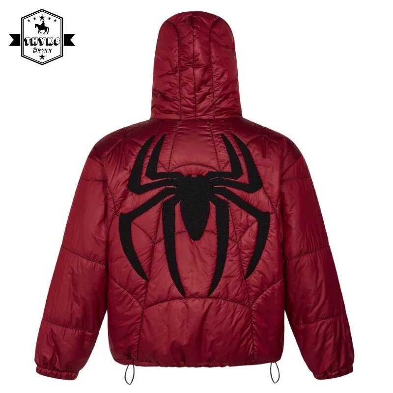 Winter High Street Hooded Parkas Men Spider Embroidery Padded Jackets Vintage Gothic Full Zip Up Oversize Bubble Coats Couple