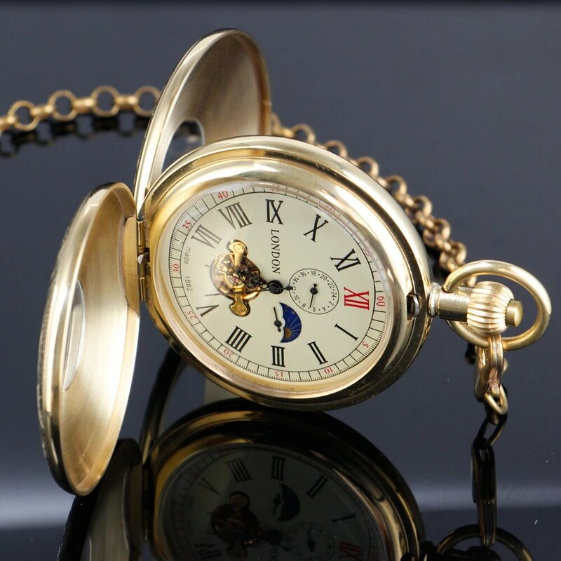 Relógio de bolso mecânico antigo para homens e mulheres, luxo, fase da lua, cobre puro, corda manual, turbilhão, 12-24 horas