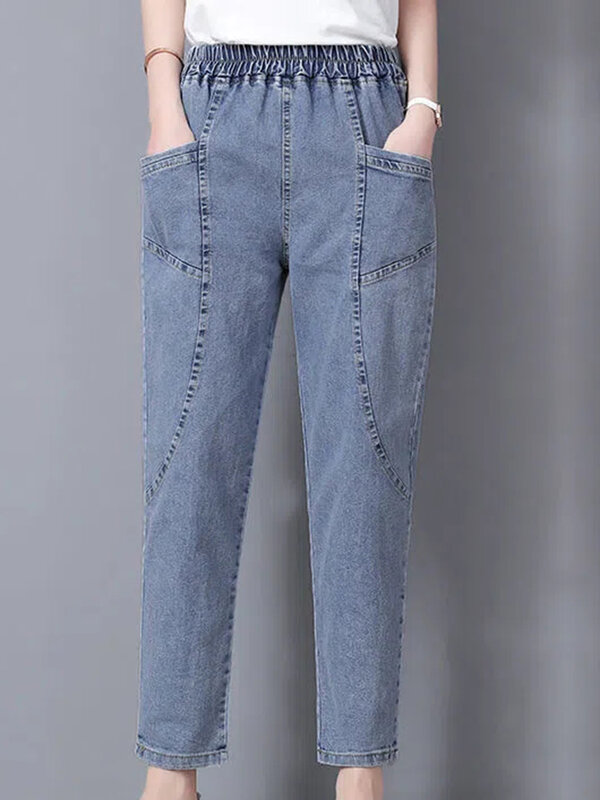 Jeans harém vintage na altura do tornozelo para mulheres, calças jeans largas, cintura alta, calça de cowboy, moda casual, 4XL extragrande