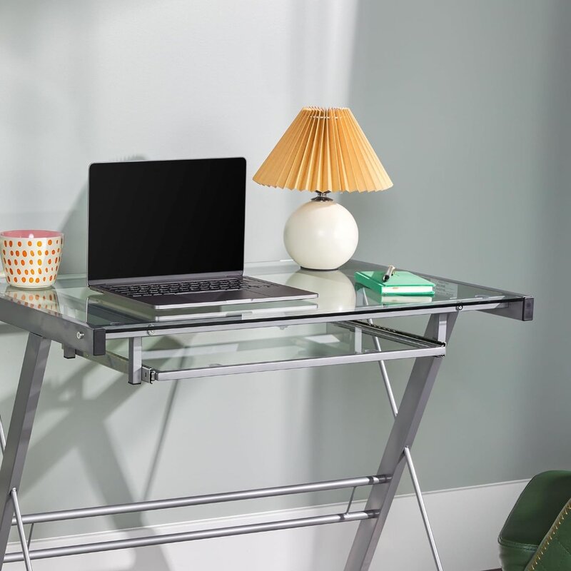 Metal e vidro Gaming Desk com Slide na bandeja do teclado, Home Office, trabalhar em casa, laptop, prata, 31"