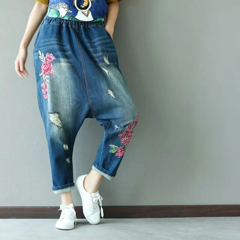 Джинсы-Багги женские с вышивкой, брюки-султанки из денима в стиле хип-хоп, винтажные рваные брюки с завышенной талией, 2024