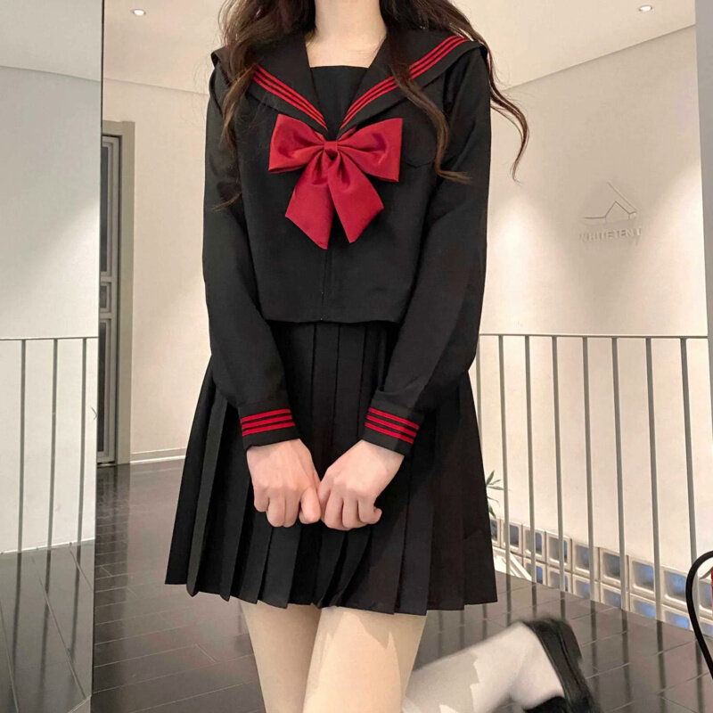 Uniforme escolar japonês para mulheres, terno Jk menina, gravata vermelha vermelha três uniforme básico de marinheiro, terno sexy de manga longa primavera e outono
