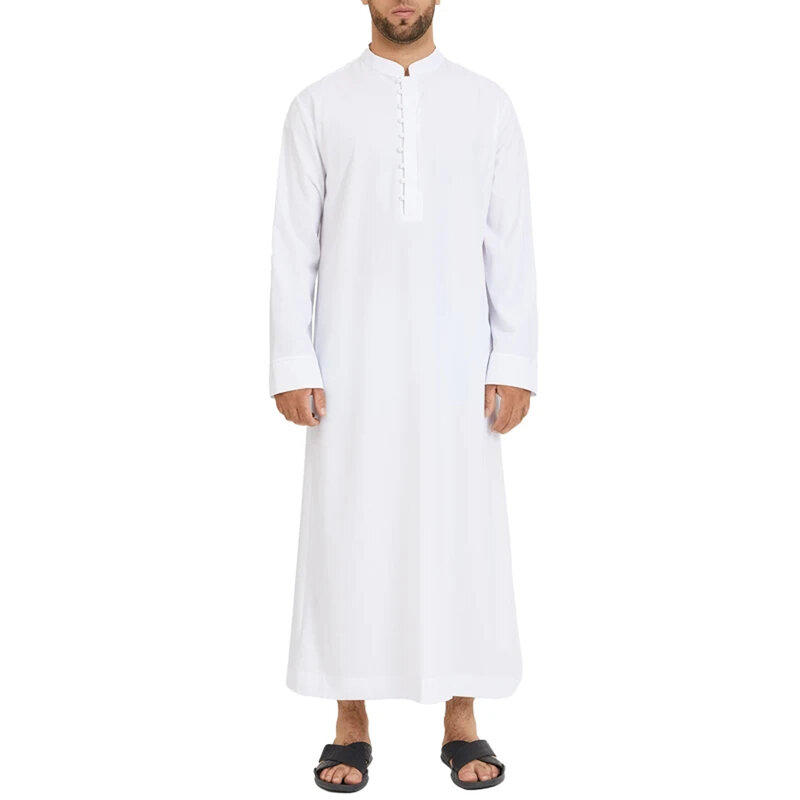 Новинка 2024, мусульманский мужской Jubba Thobe, однотонный 2024 тонкий халат с длинным рукавом, кафтан с воротником-стойкой, мусульманский, арабский, модный мужской кафтан