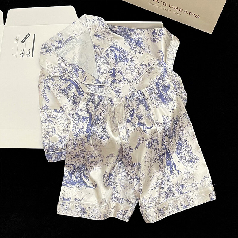 Conjuntos de pijamas de verano para Mujer, ropa de dormir de satén de seda sintética con estampado de pintura de tinta, manga corta, 2 piezas