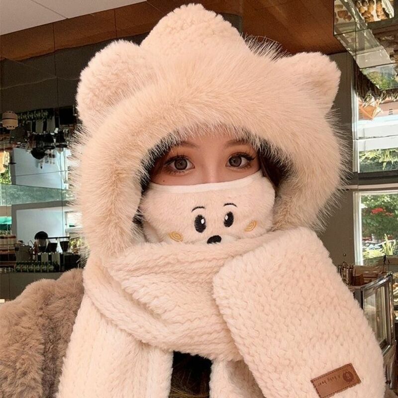 ผ้าพันคอหมวกลายการ์ตูนหมีใหม่ผ้าพันคอกันลมให้ความอบอุ่นพร้อมถุงมือหนาป้องกันหูหมวกฤดูหนาว