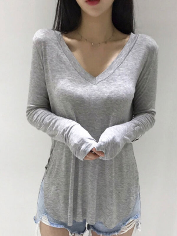 Camiseta casual feminina com gola V, camiseta básica, tops de manga comprida, camiseta solta, roupa estilo coreano, primavera, 2022
