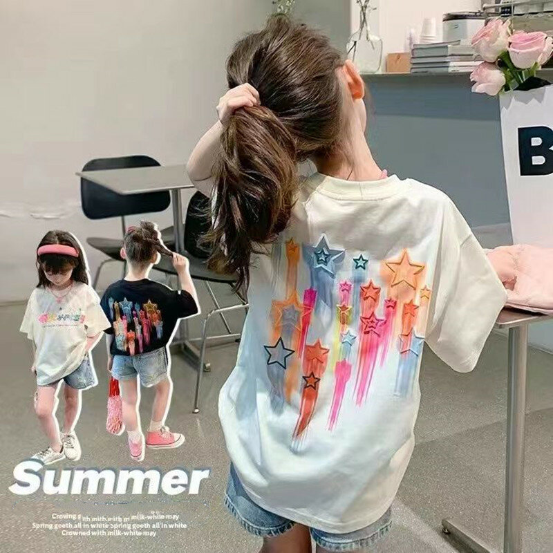 Koreańska wersja dziecięca dziewczynka nowe 2023 dzieci Anime kreskówka czysta bawełna dziewczynka T-shirt z krótkim rękawem Top dla dzieci