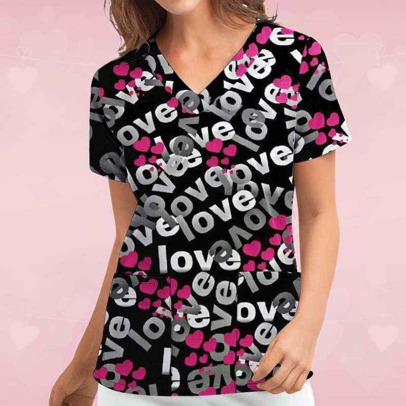 Short-sleeved Top For Nurses V-neck Women Valentine's Day Love Print Uniform Casual Women's Blouse Casual Workout Clothes