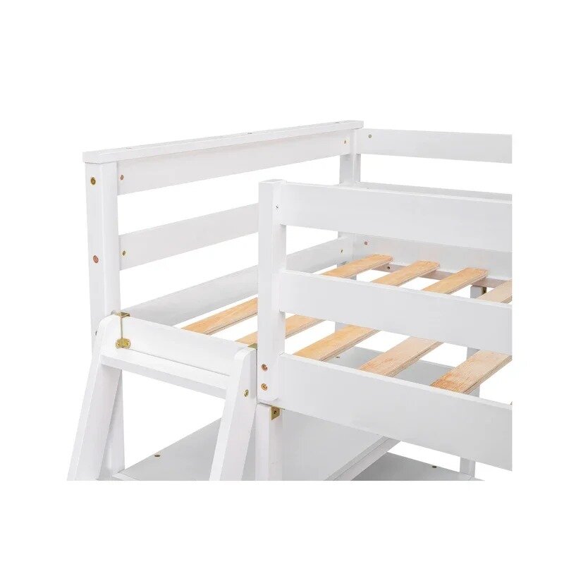 Cama Loft de tamaño doble con escritorio y estantes, dos cajones incorporados, espacio de almacenamiento disponible, adecuado para habitaciones de niños blanco