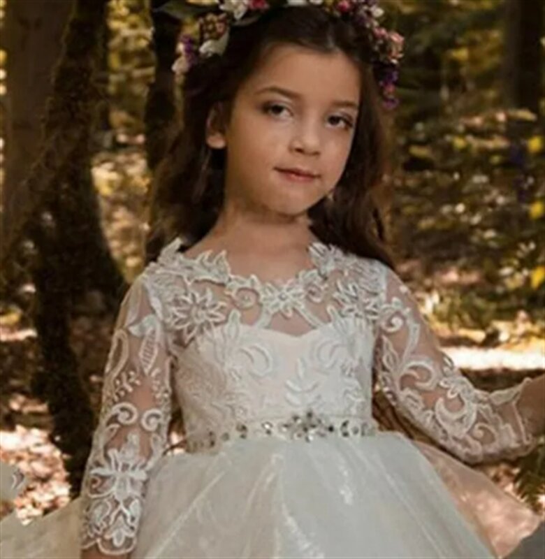 Flower Girl Dress For Wedding Beading Fluffy Lace Full Sleeve Tulle Elegant Child First Eucharist Birthday Party Dress Girl Gift