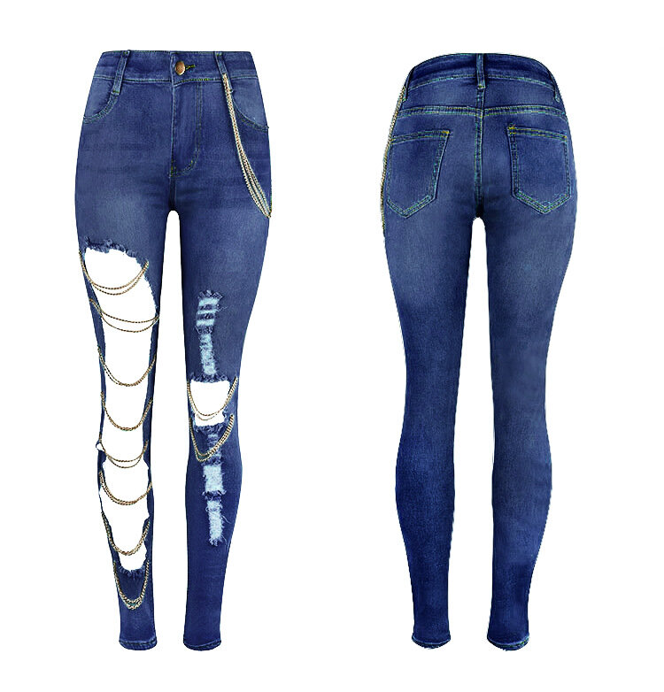Estate Sexy Hollow Hole Chain Hanging Stretch Small Foot Pants pantaloni in Denim Jeans da donna