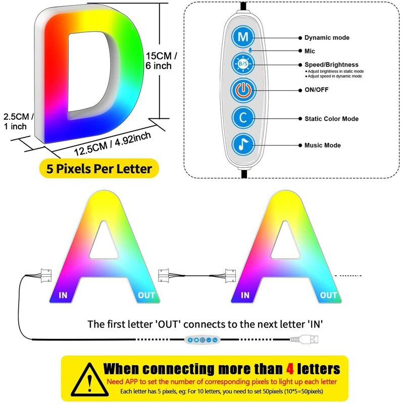 Alphabet LED Letter Light, Colorido com Smart App, Music Sync Sign, Decoração para meninos e meninas, Night Light for Kids, Presente, MeRGBW